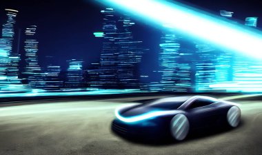 Neon otobanında öfkeli bir spor araba. Gece raylarında renkli ışıklar ve raylarla süper arabaların güçlü hızlanması.