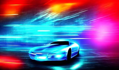 Neon otobanında öfkeli bir spor araba. Gece raylarında renkli ışıklar ve raylarla süper arabaların güçlü hızlanması.