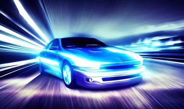 Neon otobanında öfkeli bir spor araba. Gece raylarında renkli ışıklar ve raylarla süper arabaların güçlü hızlanması.