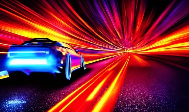 Neon otobanında öfkeli bir spor araba. Gece raylarında renkli ışıklar ve raylarla süper arabaların güçlü hızlanması.