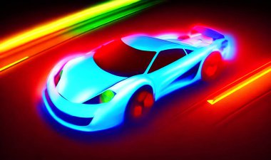 Neon otobanında öfkeli bir spor araba. Gece raylarında renkli ışıklar ve raylarla süper arabaların güçlü hızlanması.