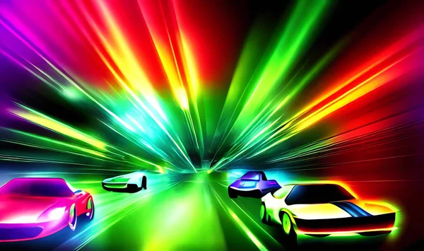 Neon Otobanında Öfkeli Bir Spor Araba Gece Raylarında Renkli Işıklar — Stok fotoğraf