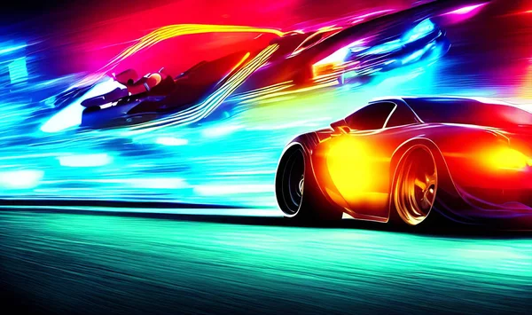 ネオンハイウェイ上の激怒スタイルのスポーツカー カラフルなライトやトラックと夜のトラック上のスーパーカーの強力な加速 — ストック写真
