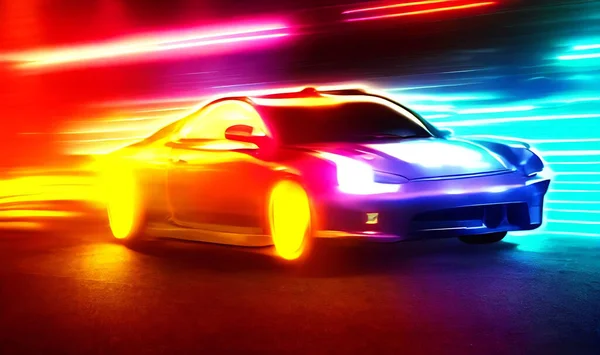 Furious Stil Sportwagen Auf Neon Highway Starke Beschleunigung Von Supersportwagen — Stockfoto