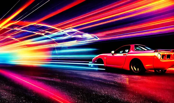 Woedende Stijl Sportwagen Neon Snelweg Krachtige Acceleratie Van Super Auto — Stockfoto