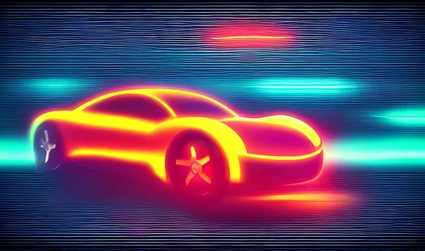 霓虹灯公路上的跑车风格火爆 超车在夜间轨道上强劲加速 车灯和车辙五彩斑斓 — 图库照片