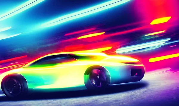 Neon Otobanında Öfkeli Bir Spor Araba Gece Raylarında Renkli Işıklar — Stok fotoğraf