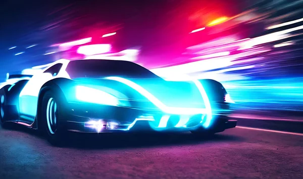 stock image Furious style sports car on neon highway. Powerful acceleration of super cars on night tracks with colorful lights and tracks.