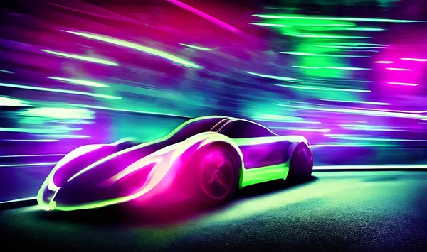 Furiosa Auto Sportiva Stile Neon Autostrada Potente Accelerazione Super Auto — Foto Stock