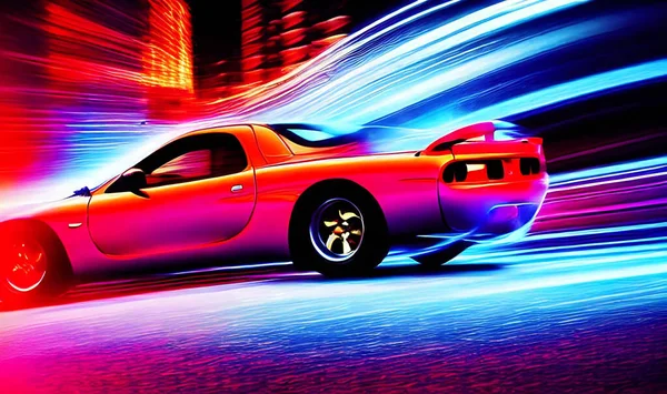 Zuřivý Styl Sportovní Auto Neonové Dálnici Výkonná Akcelerace Super Aut — Stock fotografie