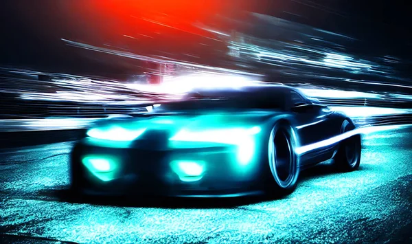 Furious Style Sports Car Neon Highway Powerful Acceleration Super Cars — Stock Photo, Image