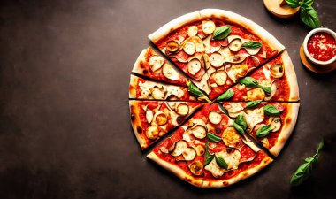 - Pizza. Geleneksel İtalyan mutfağı fast food. Gurme taze lezzetli ev yapımı pizza. Avrupa yemeği. Pizzacılar ve restoranlar için broşür ve poster.