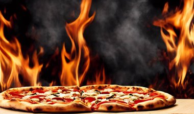 - Pizza. Geleneksel İtalyan mutfağı fast food. Gurme taze lezzetli ev yapımı pizza. Avrupa yemeği. Pizzacılar ve restoranlar için broşür ve poster.