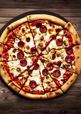 - Pizza. Geleneksel İtalyan mutfağı fast food. Gurme taze lezzetli ev yapımı pizza. Avrupa yemeği. Pizzacılar ve restoranlar için broşür ve poster.