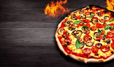 - Pizza. Geleneksel İtalyan mutfağı fast food. Gurme taze lezzetli ev yapımı pizza. Avrupa yemeği. Pizzacılar ve restoranlar için broşür ve poster.