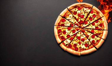 - Pizza. Geleneksel İtalyan mutfağı fast food. Gurme taze lezzetli ev yapımı pizza. Avrupa yemeği. Pizzacılar ve restoranlar için broşür ve poster.