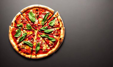 - Pizza. Geleneksel İtalyan mutfağı fast food. Gurme taze lezzetli ev yapımı pizza. Avrupa yemeği. Pizzacılar ve restoranlar için broşür ve poster.