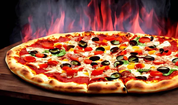 - Pizza. Geleneksel İtalyan mutfağı fast food. Gurme taze lezzetli ev yapımı pizza. Avrupa yemeği. Pizzacılar ve restoranlar için broşür ve poster.