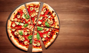 - Pizza. Geleneksel İtalyan mutfağı fast food. Gurme taze lezzetli ev yapımı pizza. Avrupa yemeği. Pizzacılar ve restoranlar için broşür ve poster.