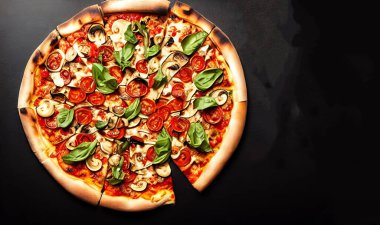 - Pizza. Geleneksel İtalyan mutfağı fast food. Gurme taze lezzetli ev yapımı pizza. Avrupa yemeği. Pizzacılar ve restoranlar için broşür ve poster.