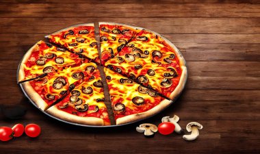 - Pizza. Geleneksel İtalyan mutfağı fast food. Gurme taze lezzetli ev yapımı pizza. Avrupa yemeği. Pizzacılar ve restoranlar için broşür ve poster.