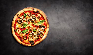 - Pizza. Geleneksel İtalyan mutfağı fast food. Gurme taze lezzetli ev yapımı pizza. Avrupa yemeği. Pizzacılar ve restoranlar için broşür ve poster.