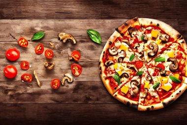 - Pizza. Geleneksel İtalyan mutfağı fast food. Gurme taze lezzetli ev yapımı pizza. Avrupa yemeği. Pizzacılar ve restoranlar için broşür ve poster.