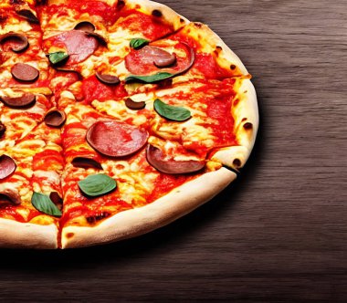 - Pizza. Geleneksel İtalyan mutfağı fast food. Gurme taze lezzetli ev yapımı pizza. Avrupa yemeği. Pizzacılar ve restoranlar için broşür ve poster.