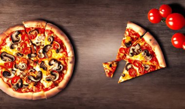 - Pizza. Geleneksel İtalyan mutfağı fast food. Gurme taze lezzetli ev yapımı pizza. Avrupa yemeği. Pizzacılar ve restoranlar için broşür ve poster.