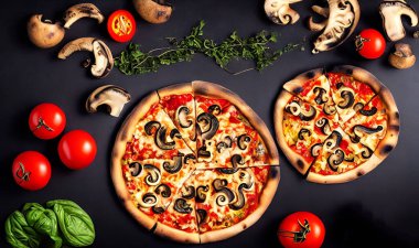 - Pizza. Geleneksel İtalyan mutfağı fast food. Gurme taze lezzetli ev yapımı pizza. Avrupa yemeği. Pizzacılar ve restoranlar için broşür ve poster.