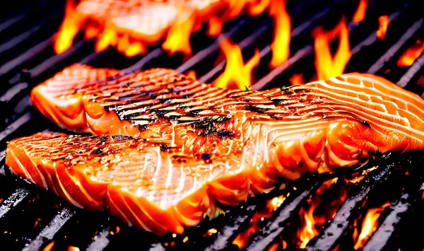 鮭のグリル 健康食品 熱い魚料理 スパイス風味の濃厚なジューシーな焼き鮭 — ストック写真
