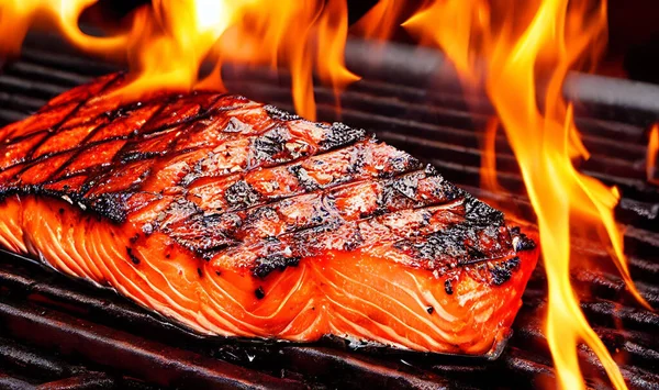鮭のグリル 健康食品 熱い魚料理 スパイス風味の濃厚なジューシーな焼き鮭 — ストック写真