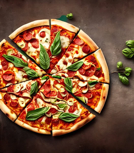 - Pizza. Geleneksel İtalyan mutfağı fast food. Gurme taze lezzetli ev yapımı pizza. Avrupa yemeği. Pizzacılar ve restoranlar için broşür ve poster.