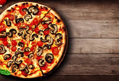 - Pizza. Geleneksel İtalyan mutfağı fast food. Gurme taze lezzetli ev yapımı pizza. Avrupa yemeği. Pizzacılar ve restoranlar için broşür ve poster.