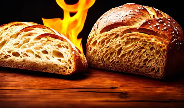 stock image Oven - traditional fresh hot cooked bread. Bread close shooting. Furnace shop with delicious bread. Freshly cooked bread with gold shells.