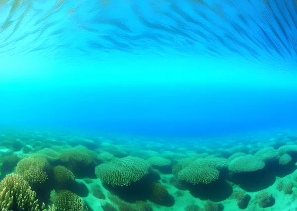 Underwater scene. Ocean coral reef underwater. Sea world under water background. Waterline and underwater background. Empty space for text.
