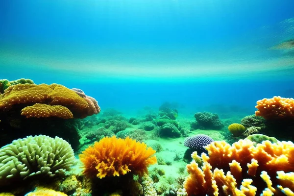 Underwater scene. Ocean coral reef underwater. Sea world under water background. Waterline and underwater background. Empty space for text.