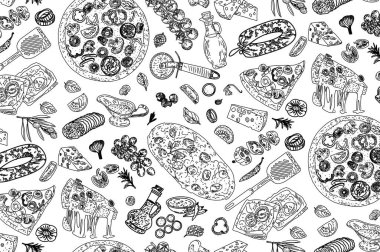 Pizza seamless pattern with various Ingredients.