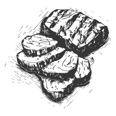 Elle çizilmiş sığır eti, kuzu ve domuz eti ekstra ya da orta pişmiş biftek.. 