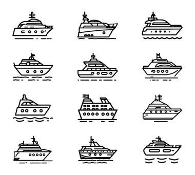 Yat, ikon seti. Yat motorlu tekneler, doğrusal simgeler. Tekne Simgesi Vektör İllüstrasyonu.
