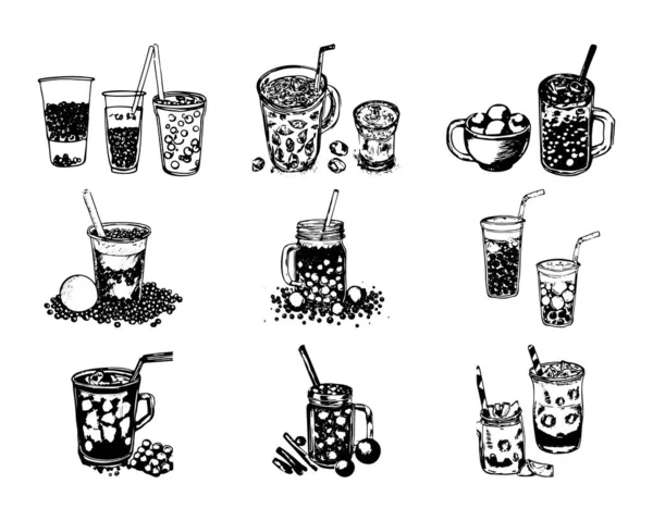 Sammlung Von Bubble Milk Tea Mit Tapioka Perlen Boba Tee — Stockvektor