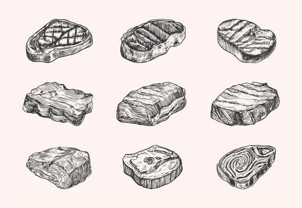 Boeuf Agneau Porc Dessinés Main Steak Extra Moyen Rare — Image vectorielle