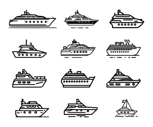Yat Ikon Seti Yat Motorlu Tekneler Doğrusal Simgeler Tekne Simgesi — Stok Vektör