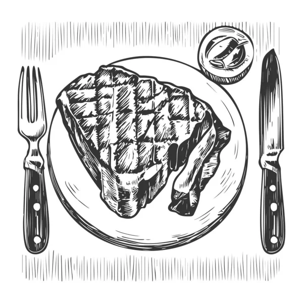 Met Hand Getrokken Rundvlees Lamsvlees Varkensvlees Extra Medium Rare Biefstuk — Stockvector