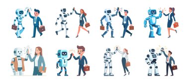 Mutlu insanlar ve robot beşlik çakıyor. 