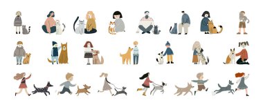 Kedileri ve köpekleri olan bir grup mutlu hayvan sahibi.. 