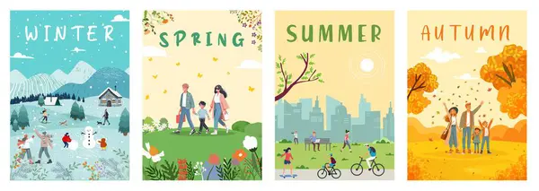 Plakatset Für Frühling Sommer Herbst Und Winter — Stockvektor