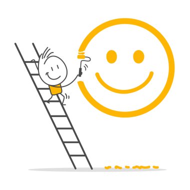 İşadamı duvara gülen yüz çizmek için merdivene tırmanıyor.. 