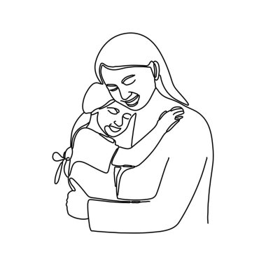 Anneler Günü için basit bir el çizimi çizimi. Genç bir anne ve çocuğunun kucaklaştığı sevgi dolu bir aile tasviri..