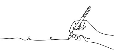 Kalem tutan ve aralıksız olarak yazan bir el. Basit bir doğrusal çizim içeren bir mektup veya günlük fikri. Düzenlenebilir darbelerle okul sembolleri.